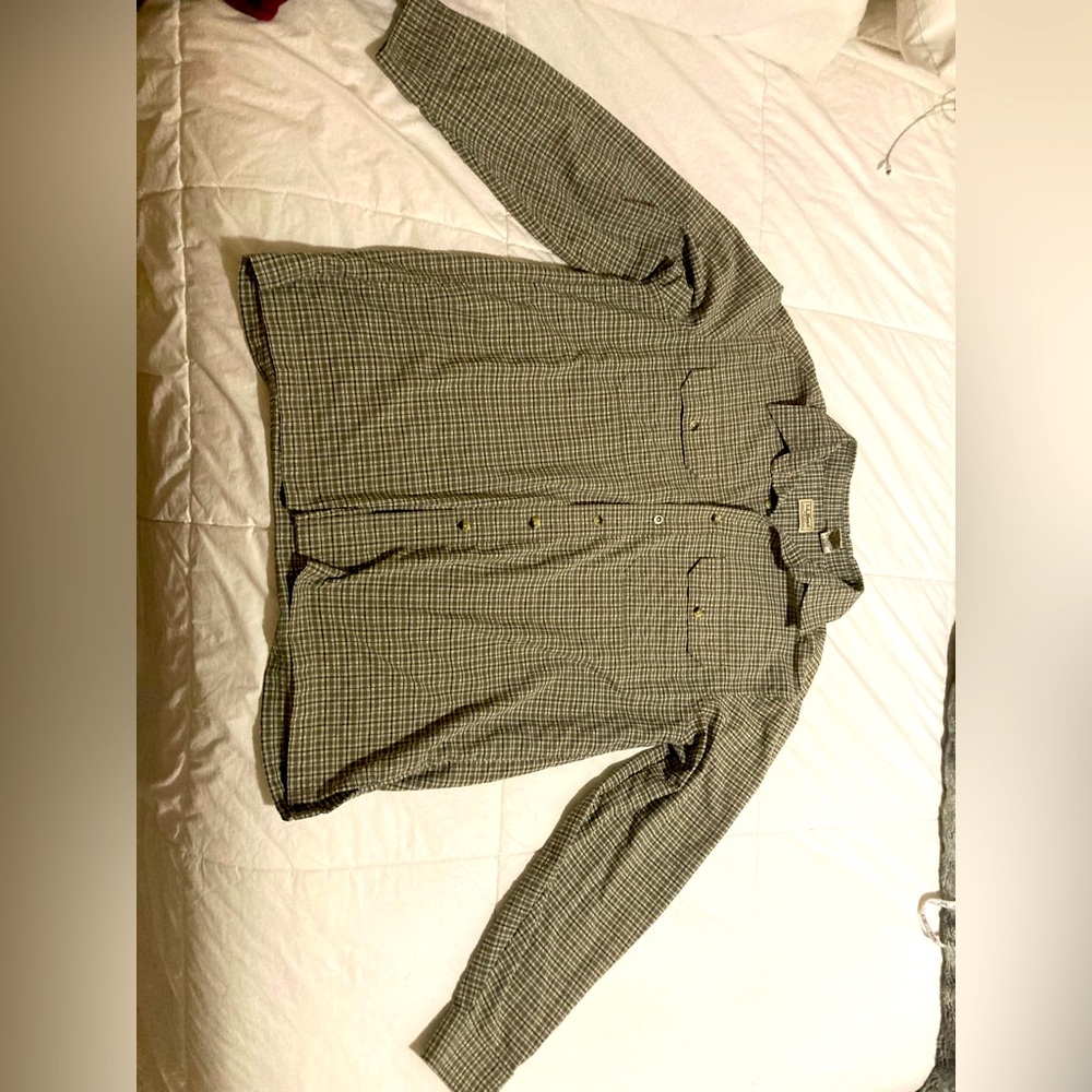 2LL Bean Shirt Mens Large Beige Plaid Vented Button Down Roll Tab Sleeve Fishing